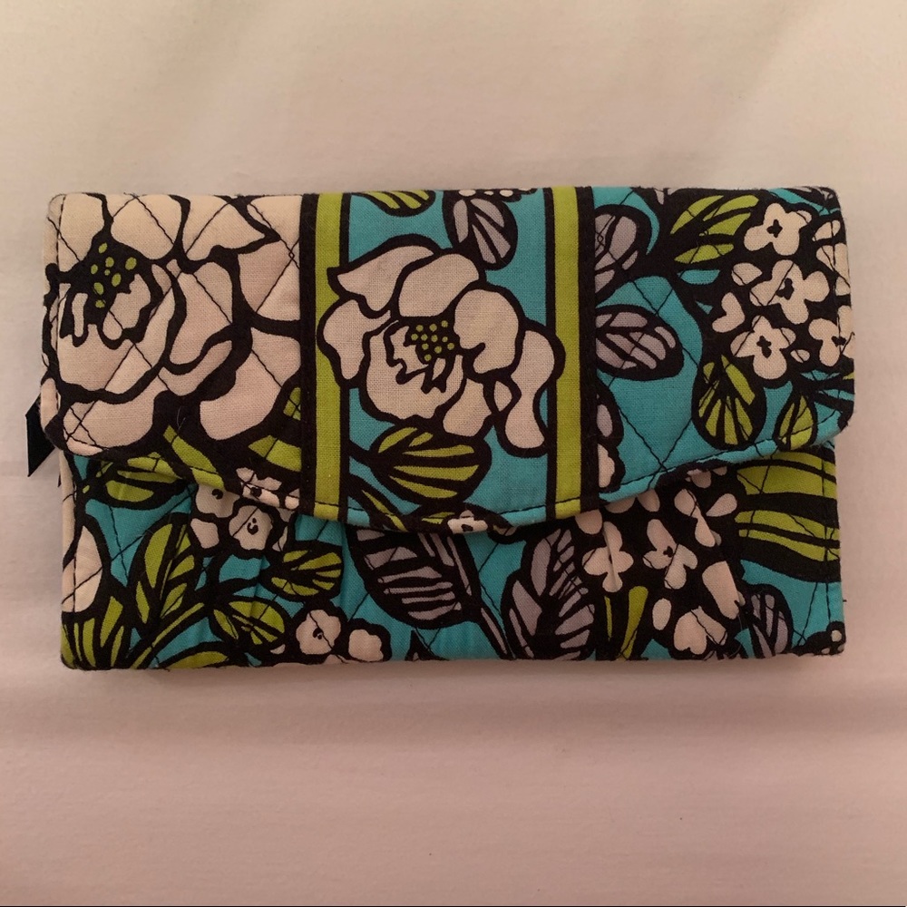 Quilted Floral Clutch Wallet - Turquoise, White & Green
